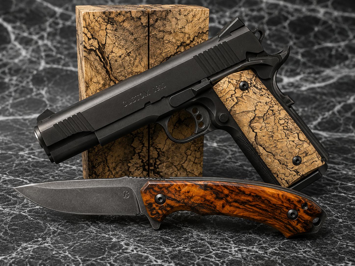 Black handgun with cork grip and a knife with wooden handle on a textured surface